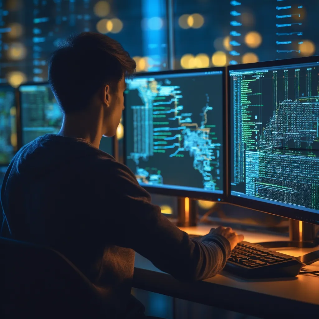 Man coding at multiple monitors