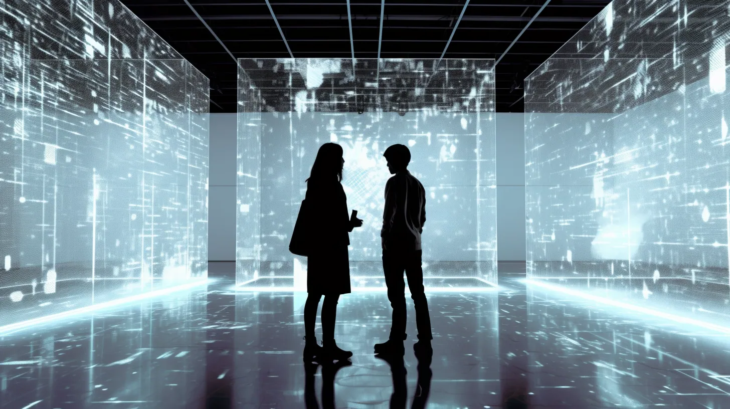 Two people silhouetted in a glowing digital room