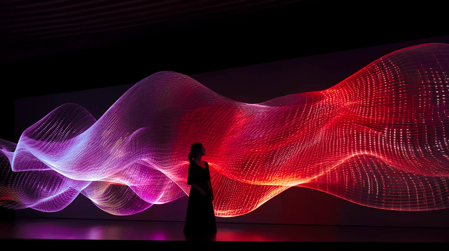 Person silhouetted against flowing red and purple light waves