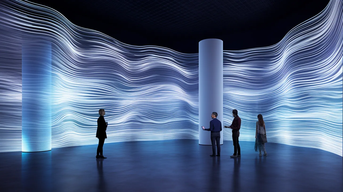 People standing in a room of flowing light patterns