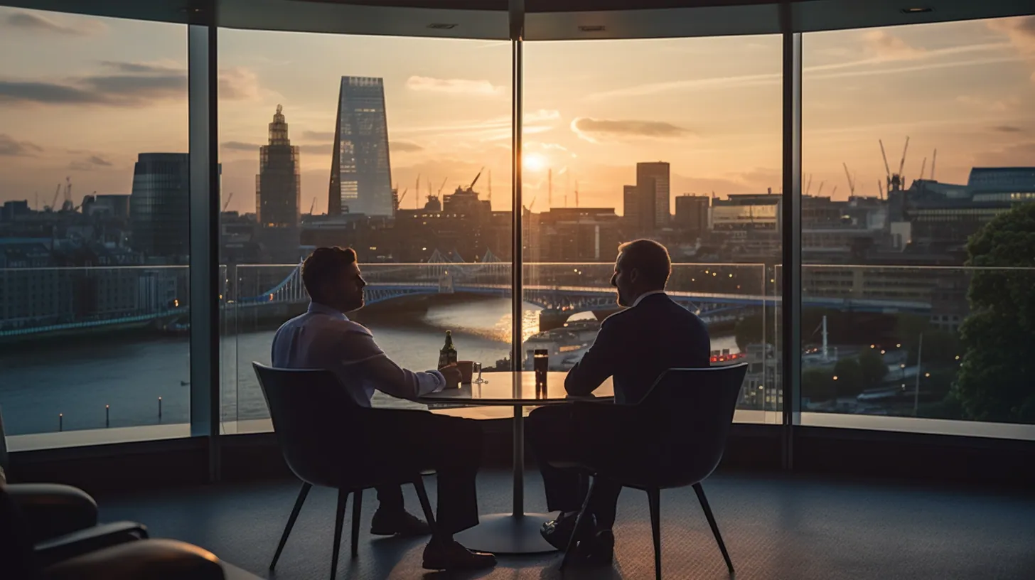 Two people at a table overlooking a city skyline at sunset
