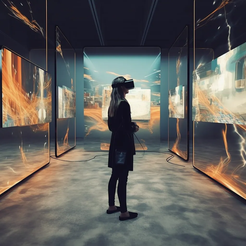 Person in a VR headset surrounded by screens