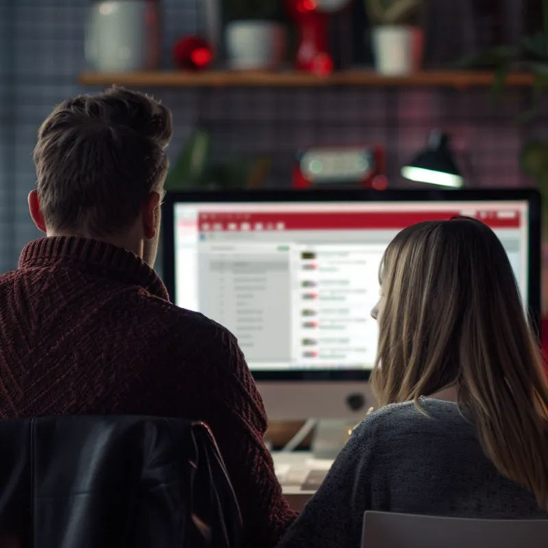 Two people looking at a web page on a computer screen