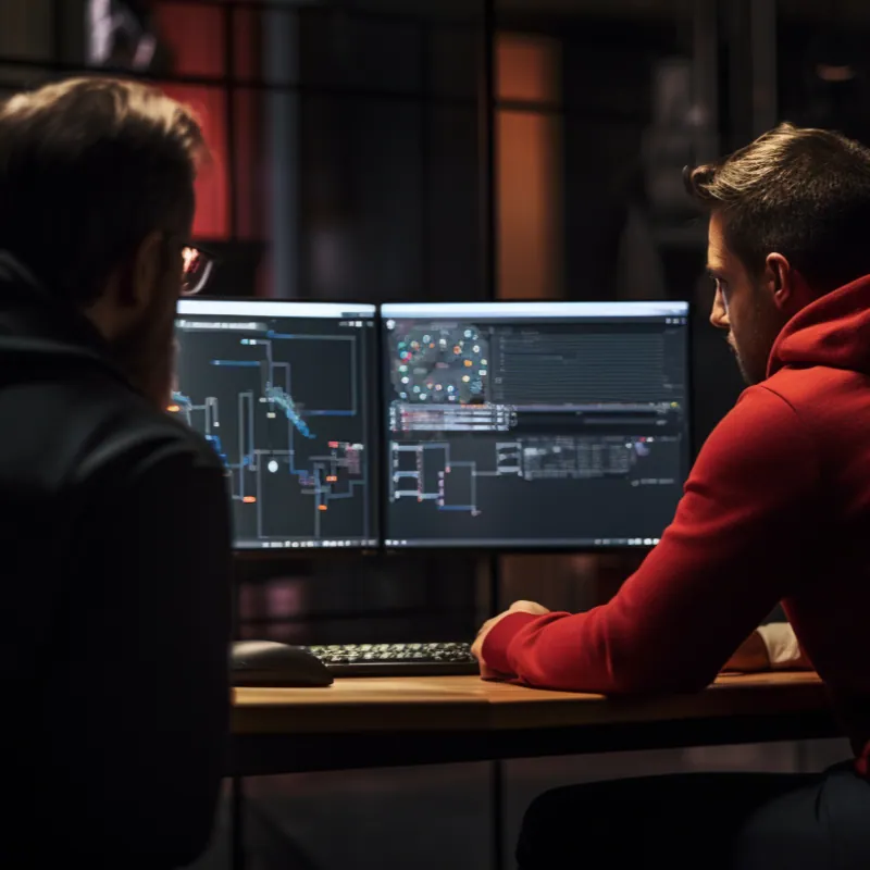 Two people looking at system diagrams on two monitors