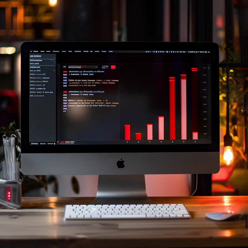 Computer showing code and a red bar chart