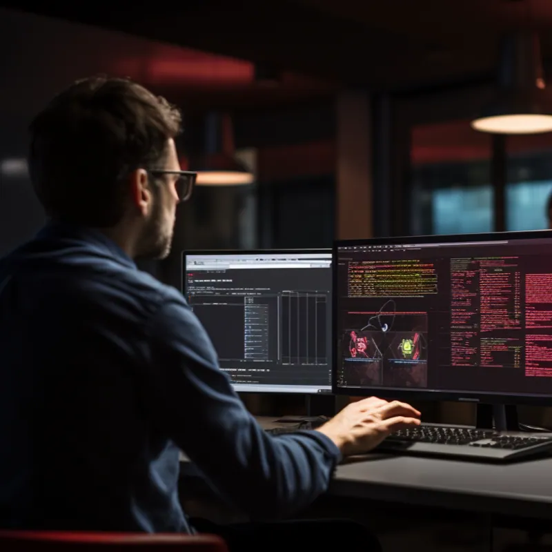Man working at monitors showing system data