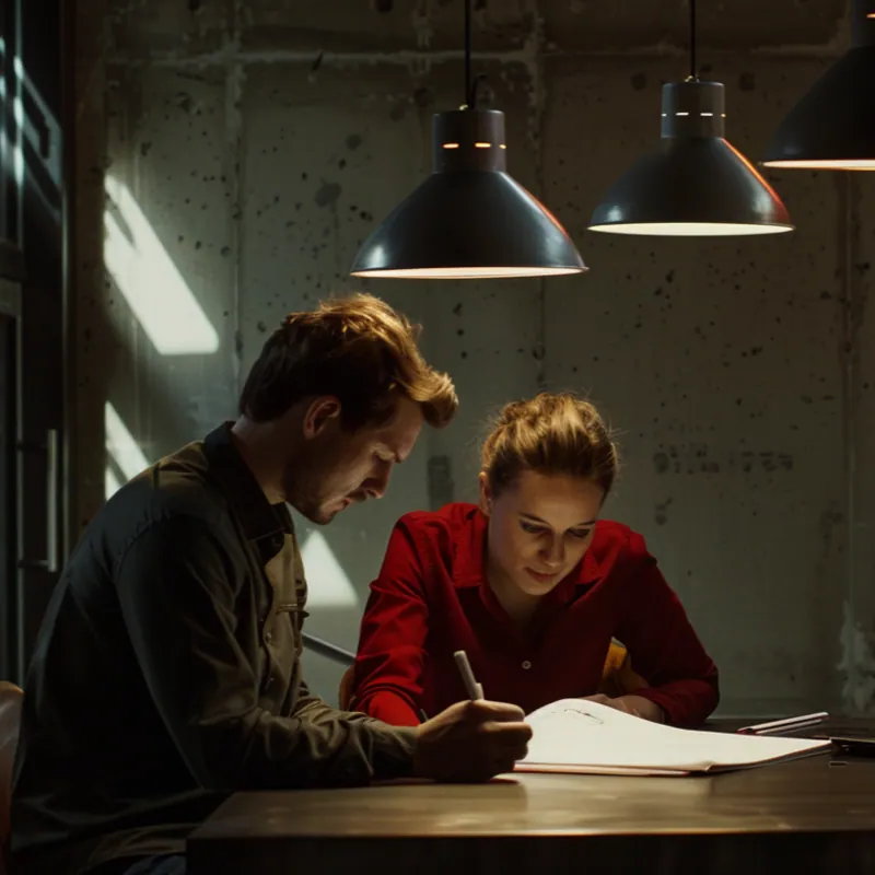 Two people reviewing documents at a table