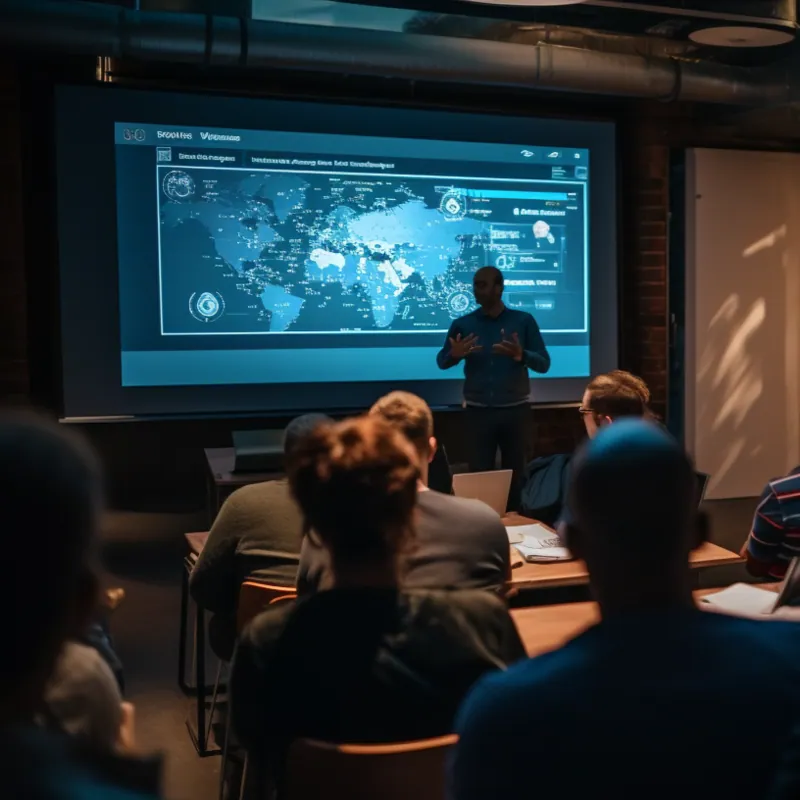 Presenter in front of a screen showing a world map