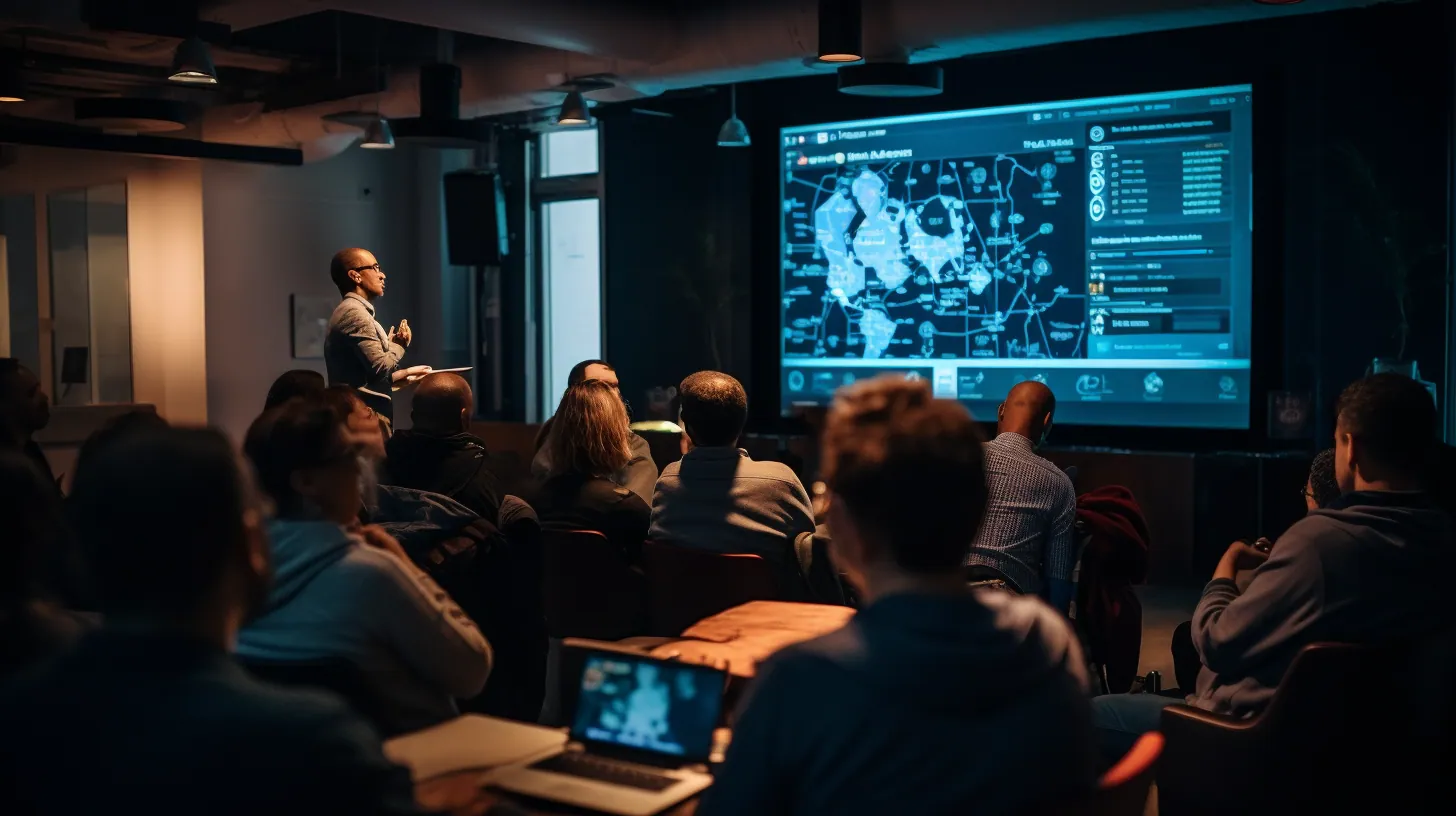 Presenter in front of an audience with a threat map on screen