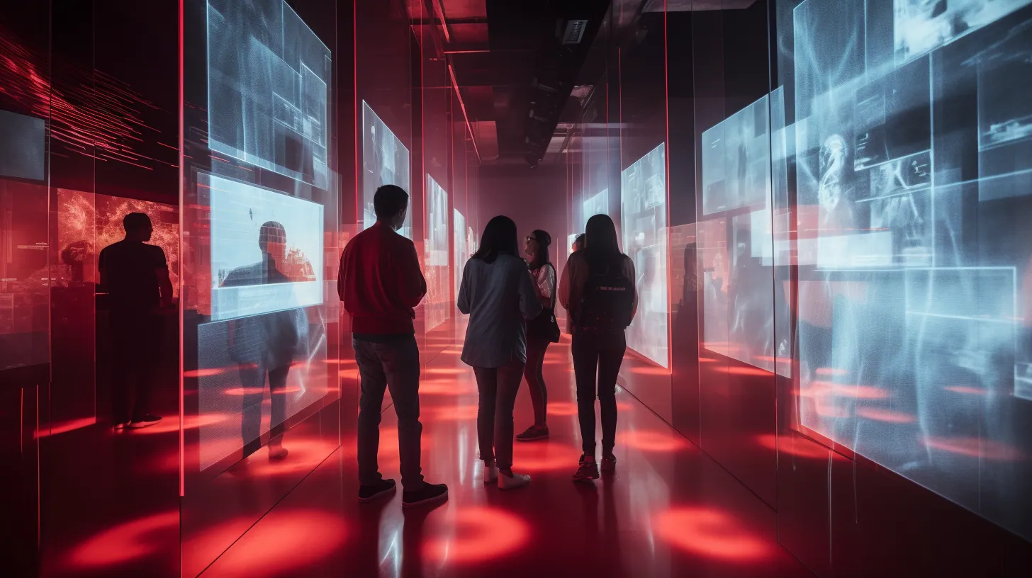 People walking through a corridor of glowing screens