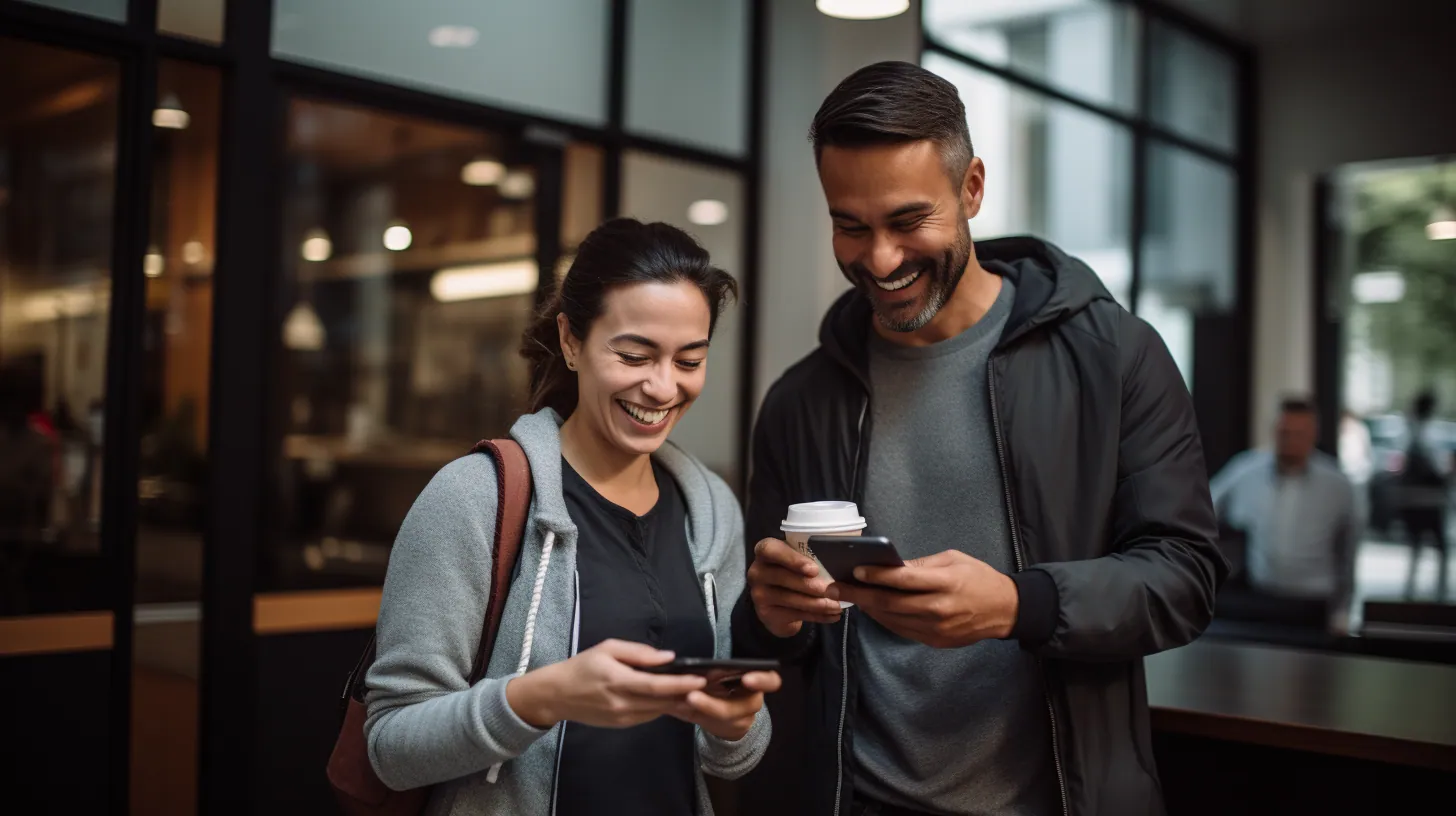 Two people smiling at a phone
