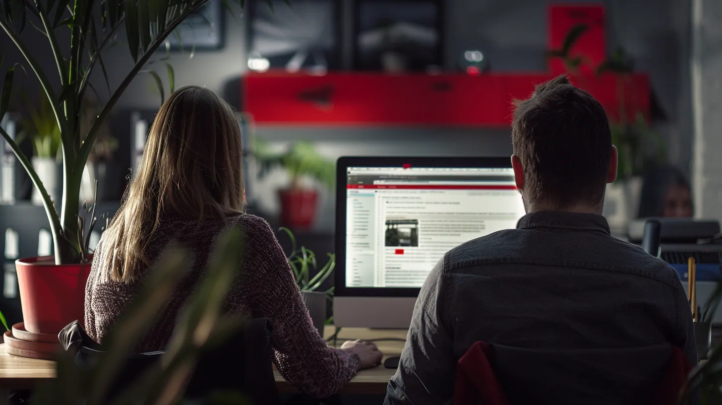 Two people looking at a computer screen in an office