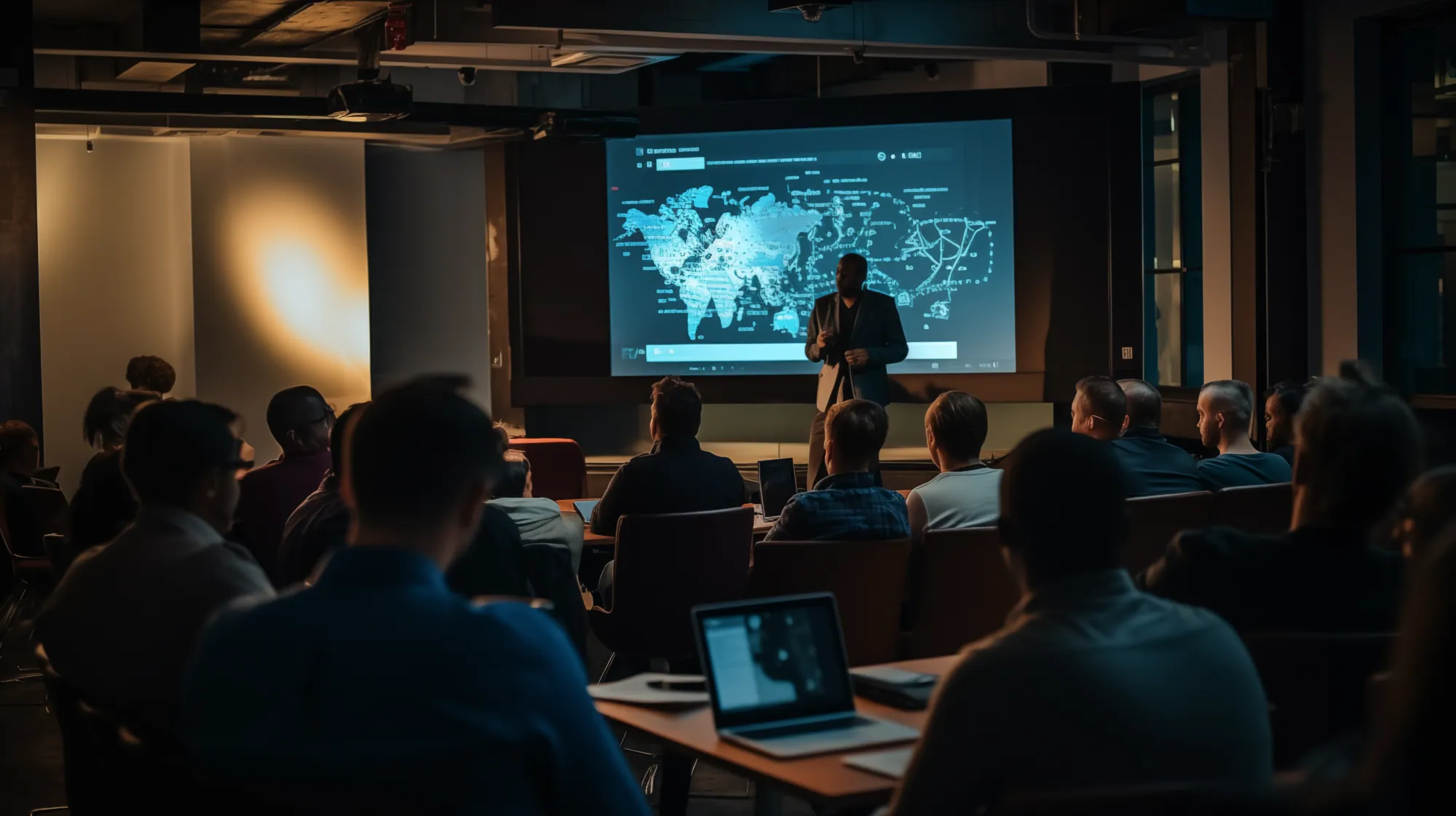 Audience watching a presenter with a world map on screen