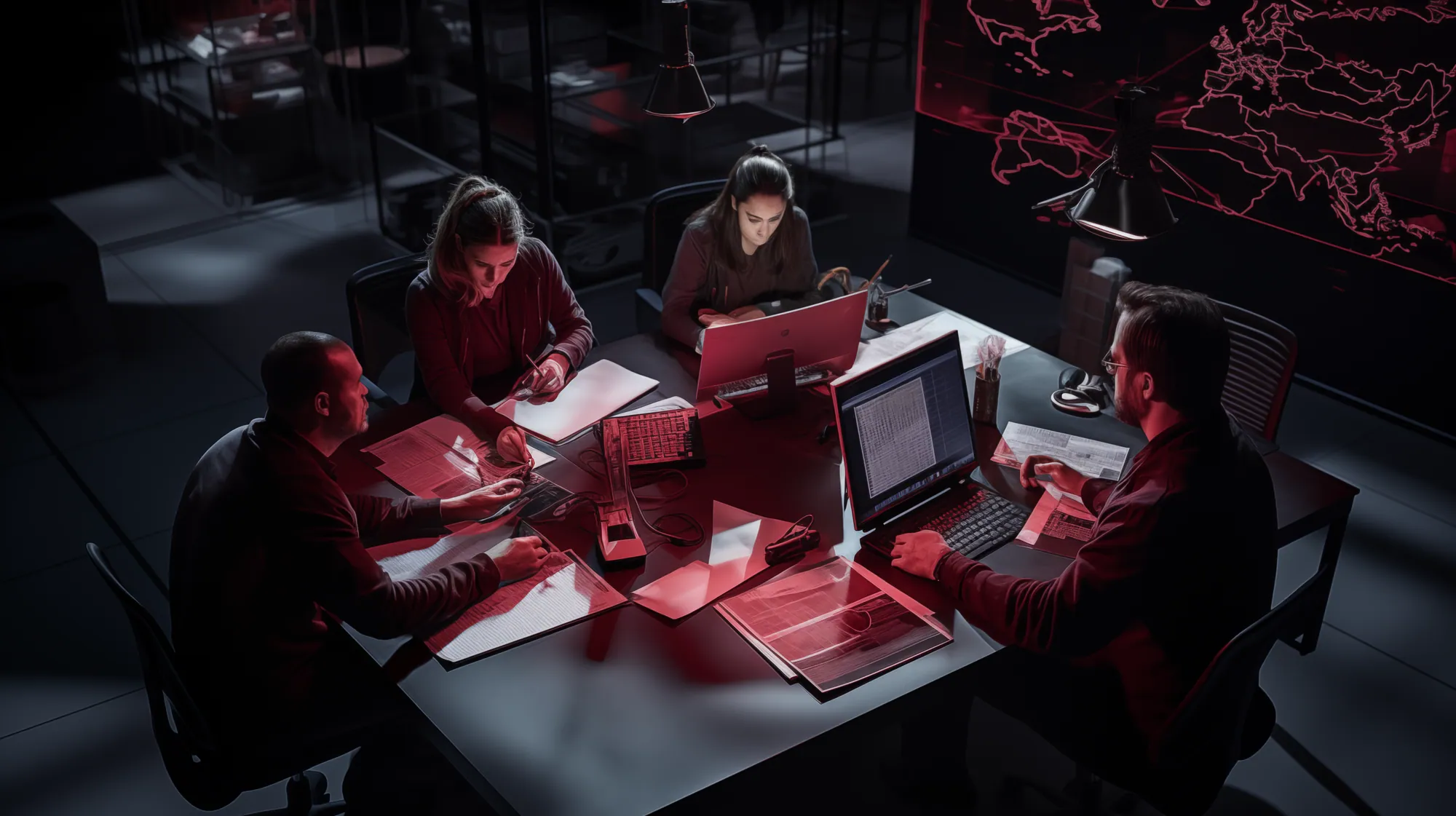 Group working on laptops around a table in a red-lit room