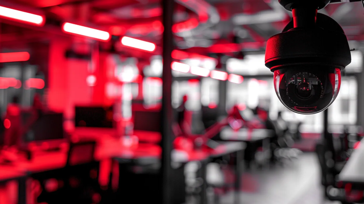 Ceiling-mounted CCTV camera in a red-lit office