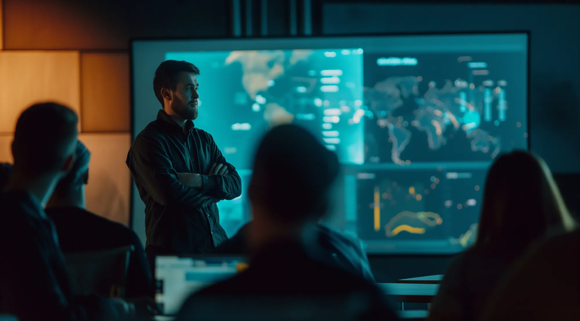 People watching a presenter in front of a world map display