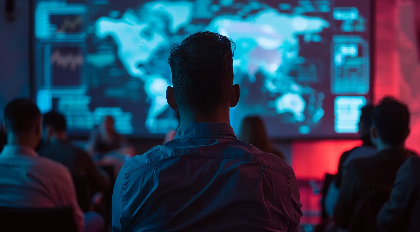 Audience facing a large screen showing a world map