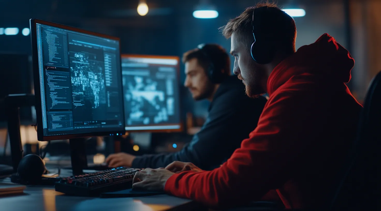 Two men working at computers showing code