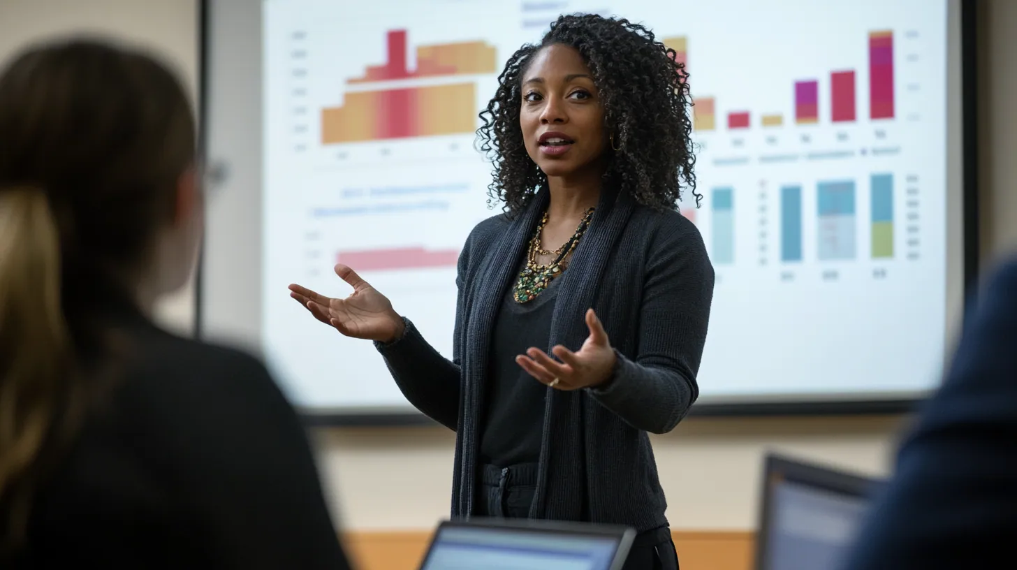Woman presenting charts on a screen to colleagues