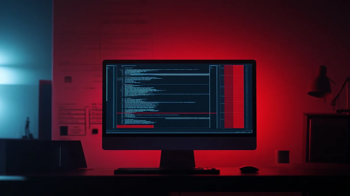 Computer screen showing code in a red-lit room