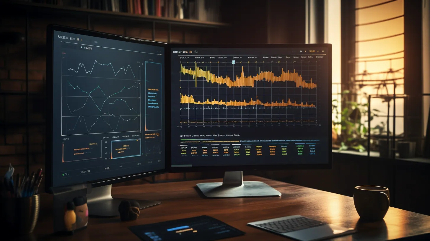 Two monitors showing data charts on a desk