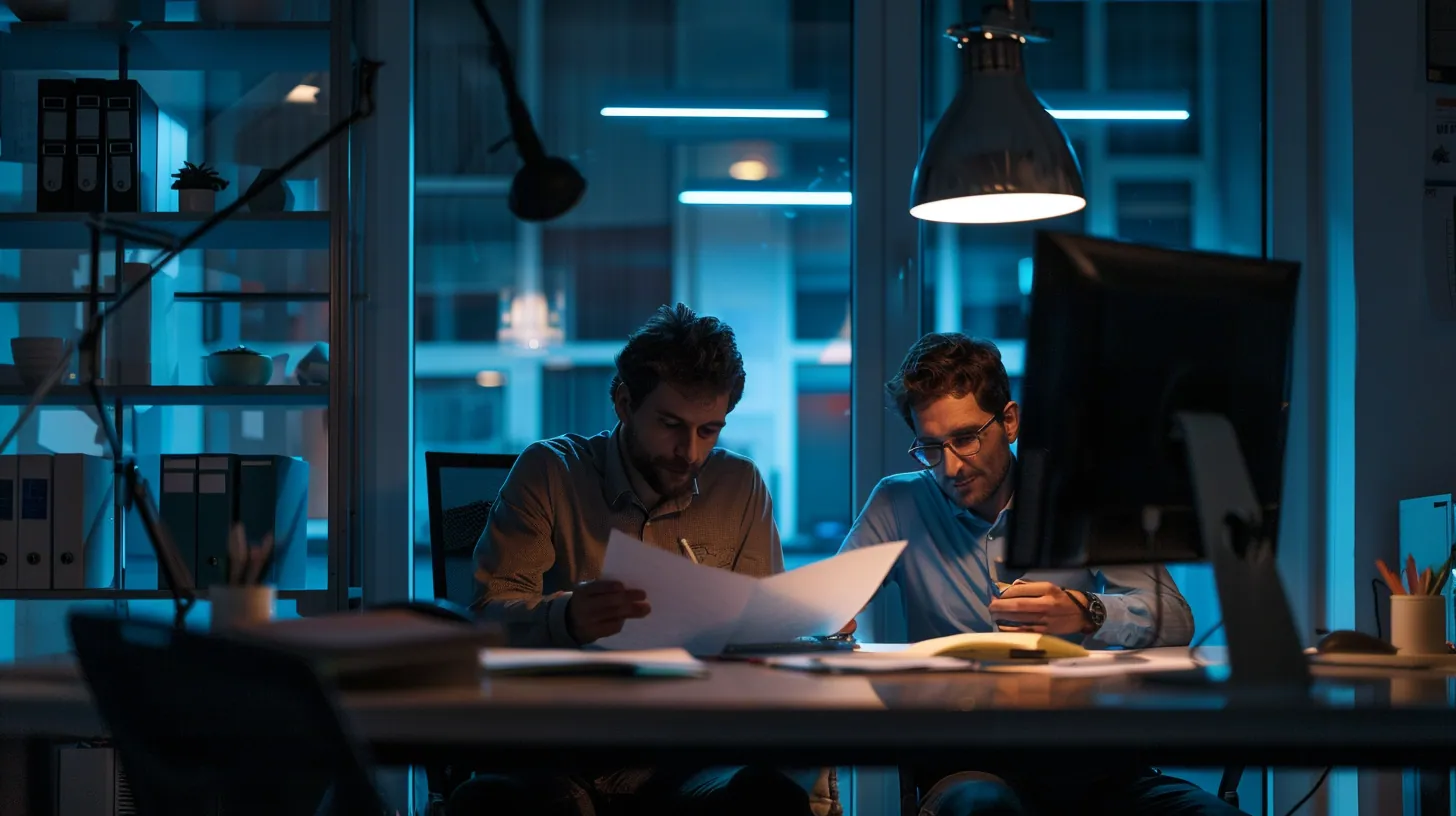 Two colleagues reviewing documents at a desk