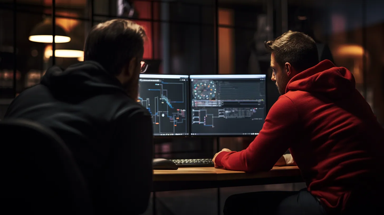 Two men working at computers in a dark office