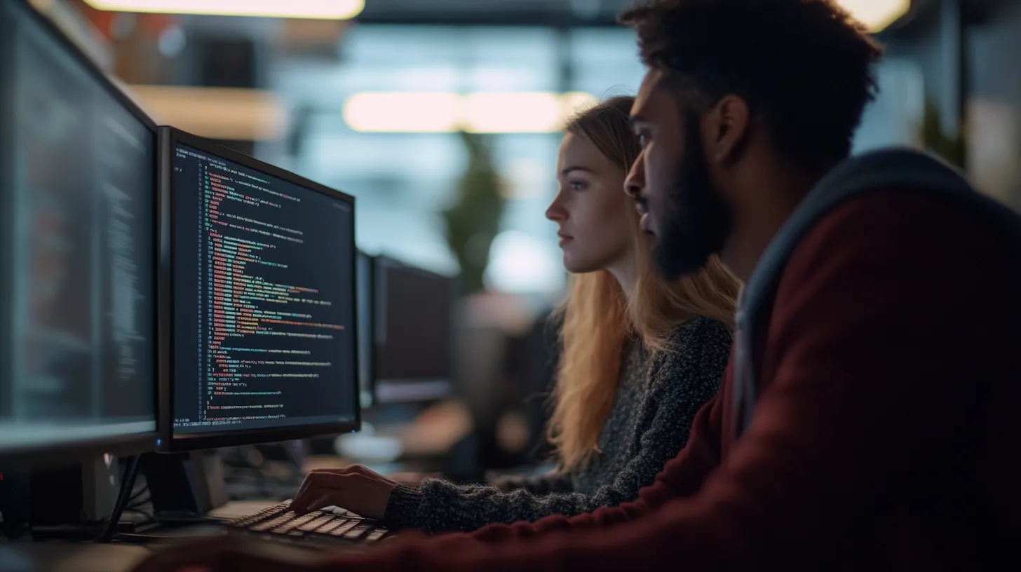 Man and woman looking at code on monitors