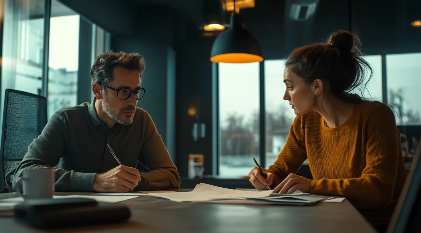 Man and woman working on documents at a table