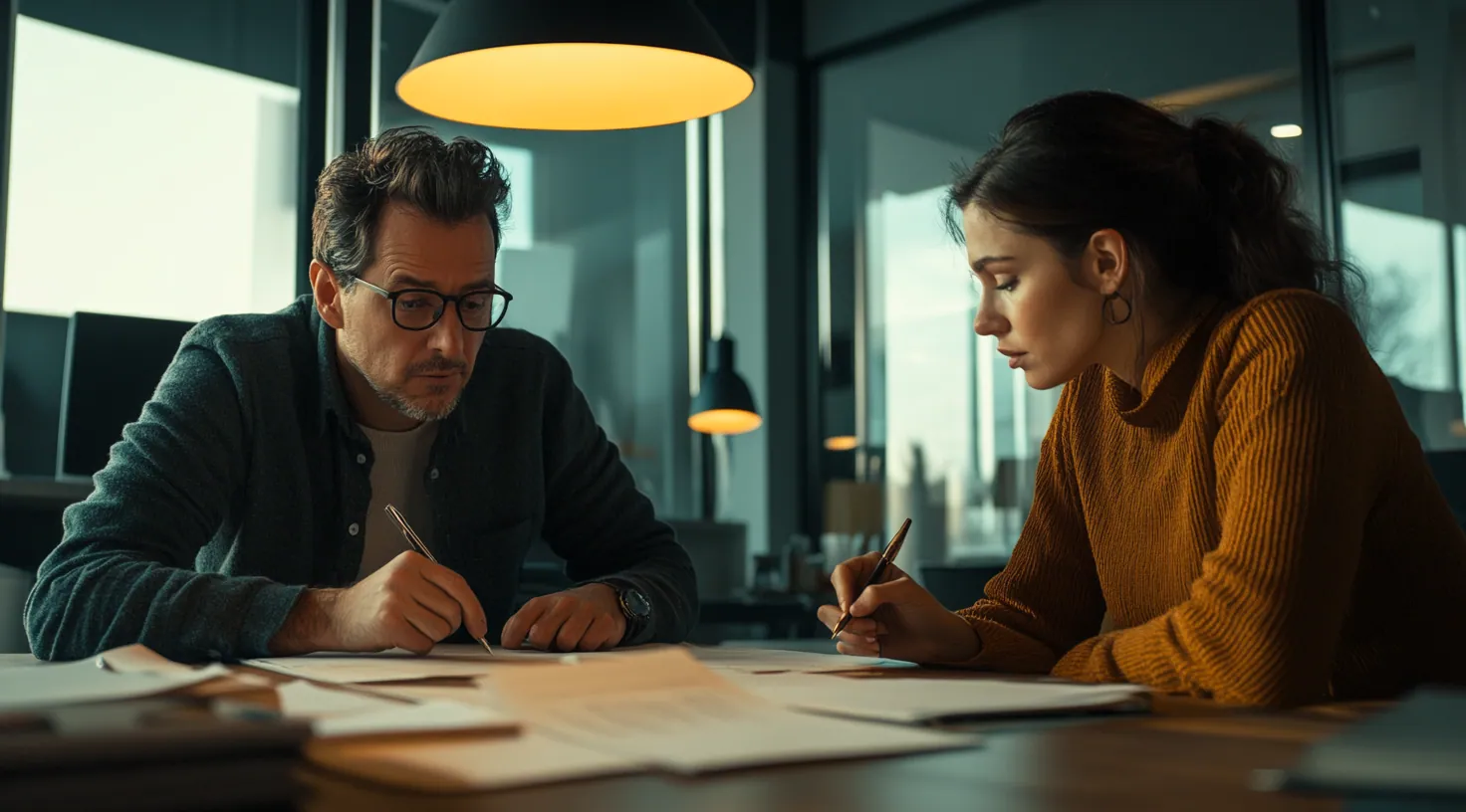 Man and woman working on documents at a table