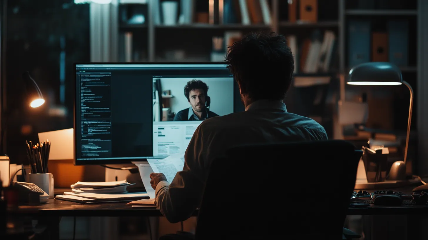 Person on a video call at a desk in a dim office