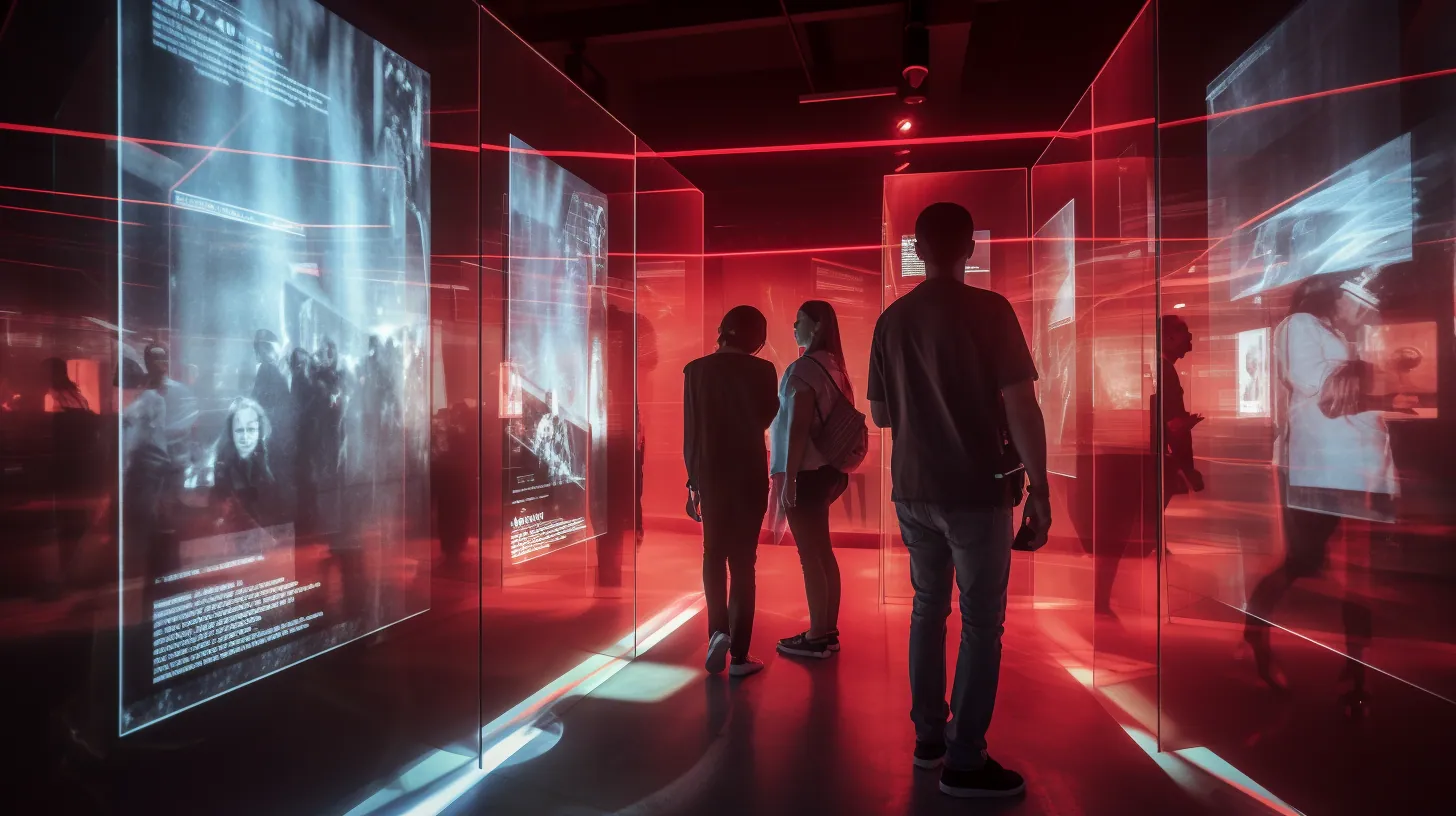 People walking through a corridor of glowing screens