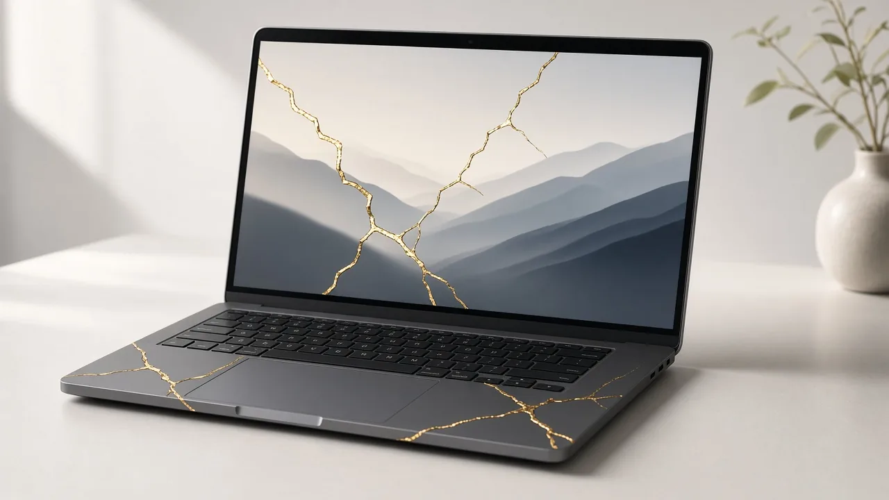 Laptop with a cracked screen on a desk