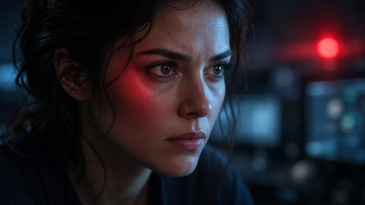 Woman lit by red light looking intently ahead
