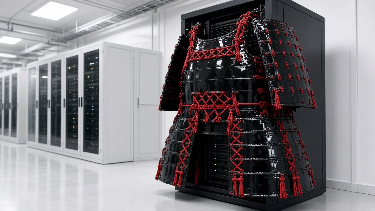 Samurai armour on a server rack in a data centre
