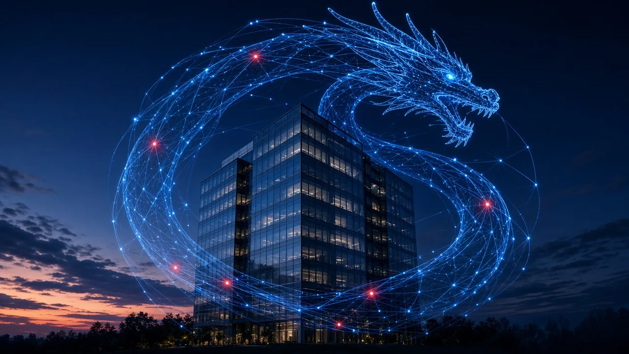 Glowing dragon outline above an office building at dusk